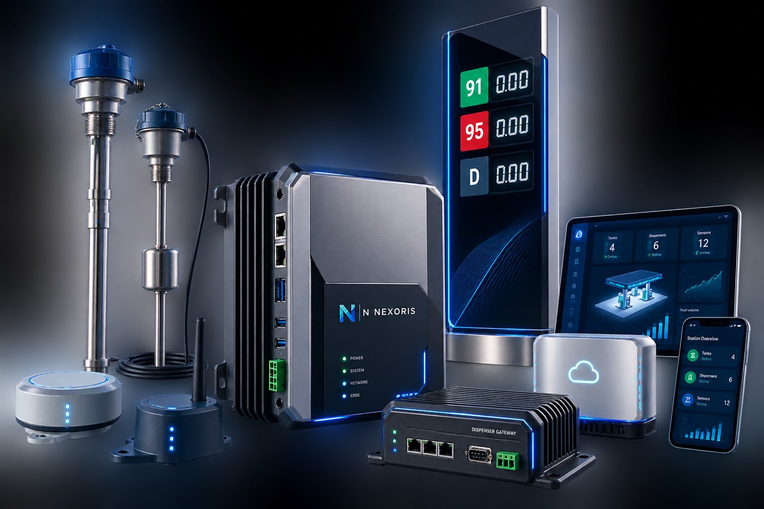 Concept visualization of N NEXORIS fuel automation controllers, probes and price displays